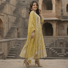 Mustard Green Pure Mulmul Cotton Chikankari Anarkali Suit Set - Tevar Studio