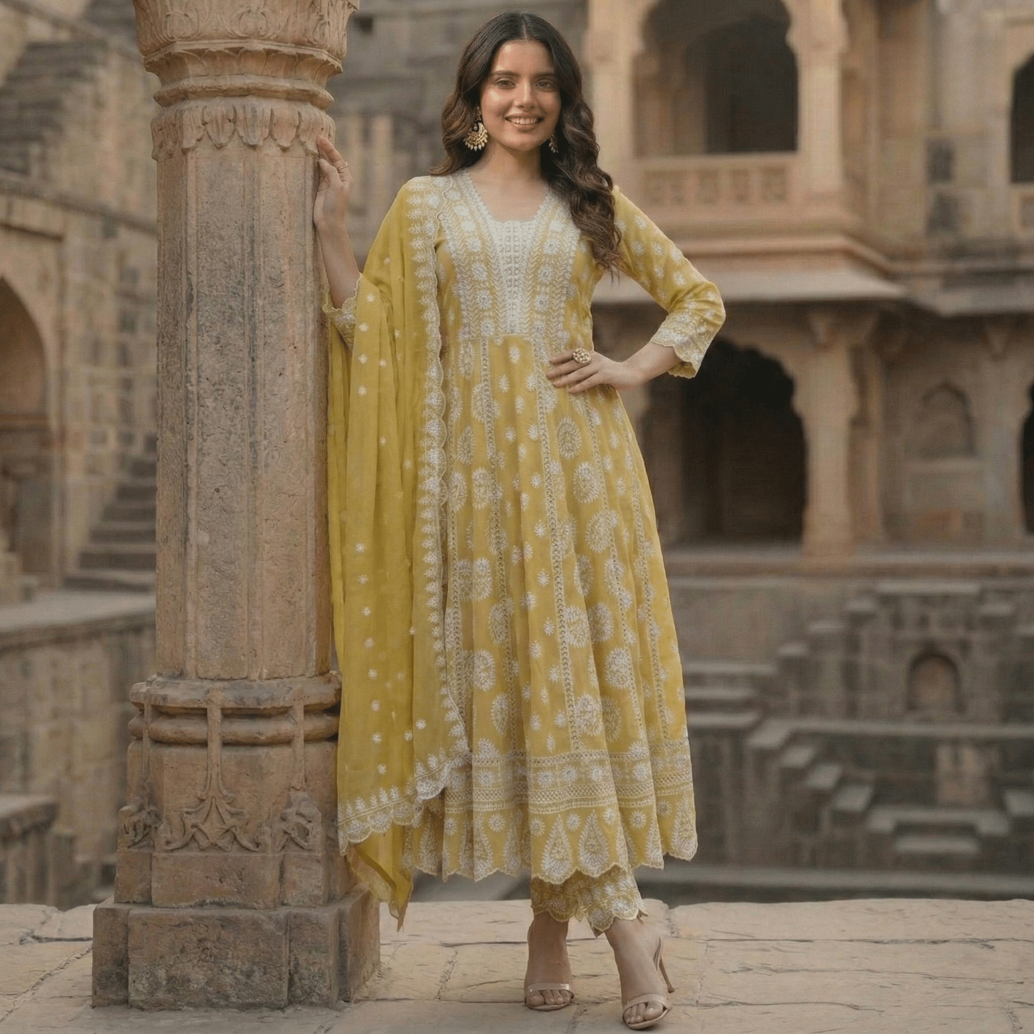 Mustard Green Pure Mulmul Cotton Chikankari Anarkali Suit Set - Tevar Studio