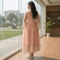 Peach Pure Mul Cotton Digital Printed Chikan Work Anarkali Suit Set - Tevar Studio