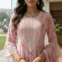 Pink Pure Mul Cotton Digital Printed Chikan Work Anarkali Suit Set - Tevar Studio