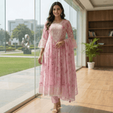 Pink Pure Mul Cotton Digital Printed Chikan Work Anarkali Suit Set - Tevar Studio