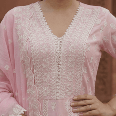 Pink Pure Mulmul Cotton Chikankari Anarkali Suit Set - Tevar Studio