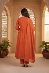 Rust Orange Embroidered Cotton Suit Set with Dupatta – Festive Wear for Women - Tevar Studio