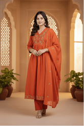 Rust Orange Embroidered Cotton Suit Set with Dupatta – Festive Wear for Women - Tevar Studio
