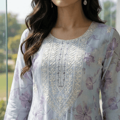 Sky Blue Pure Mul Cotton Digital Printed Chikan Work Anarkali Suit Set - Tevar Studio