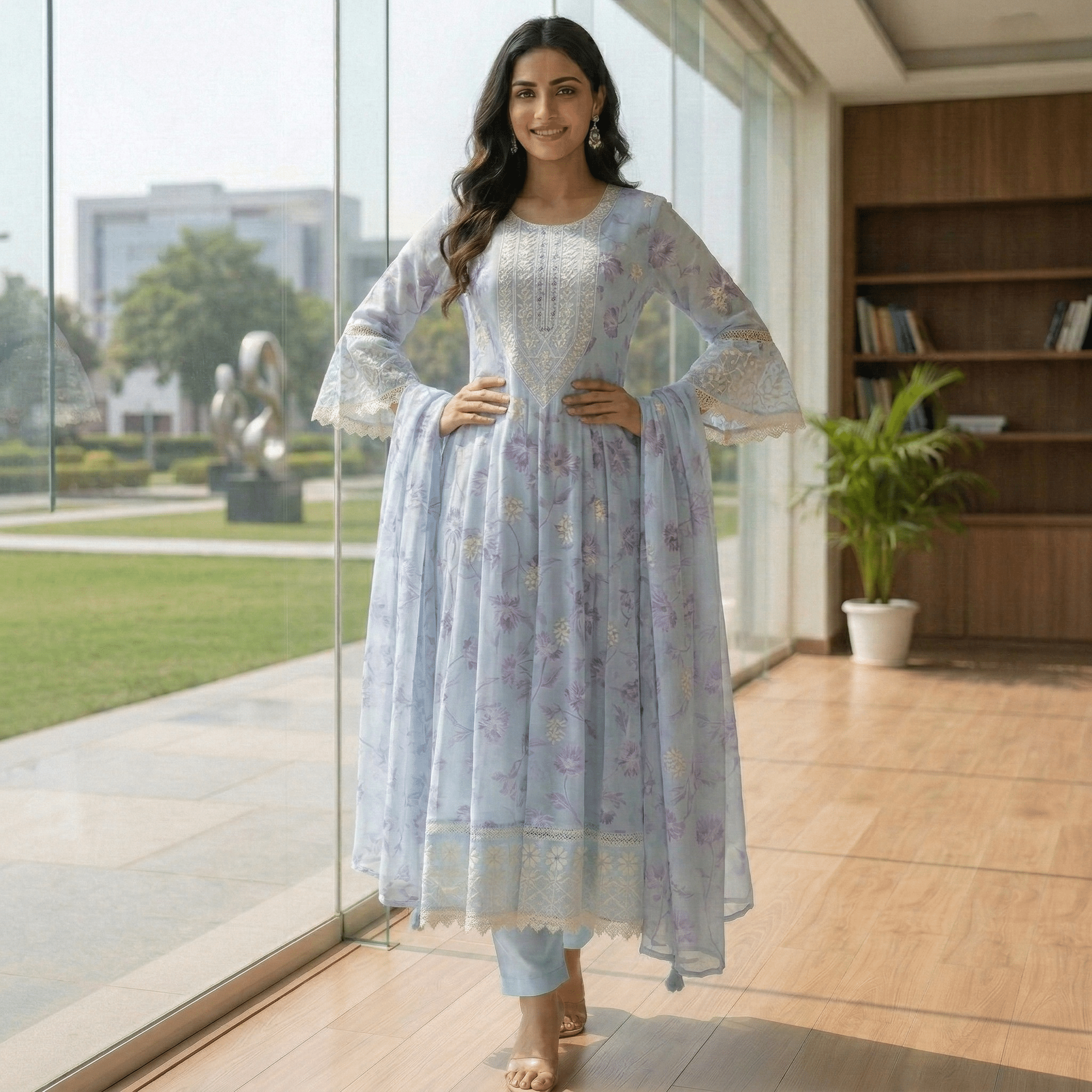 Sky Blue Pure Mul Cotton Digital Printed Chikan Work Anarkali Suit Set - Tevar Studio