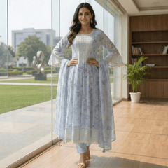 Sky Blue Pure Mul Cotton Digital Printed Chikan Work Anarkali Suit Set - Tevar Studio