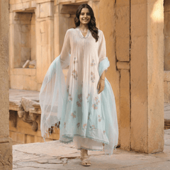WHITE AND BLUE MULMUL A - LINE KURTA WITH PANT AND DUPATTA - Tevar Studio