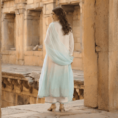 WHITE AND BLUE MULMUL A - LINE KURTA WITH PANT AND DUPATTA - Tevar Studio