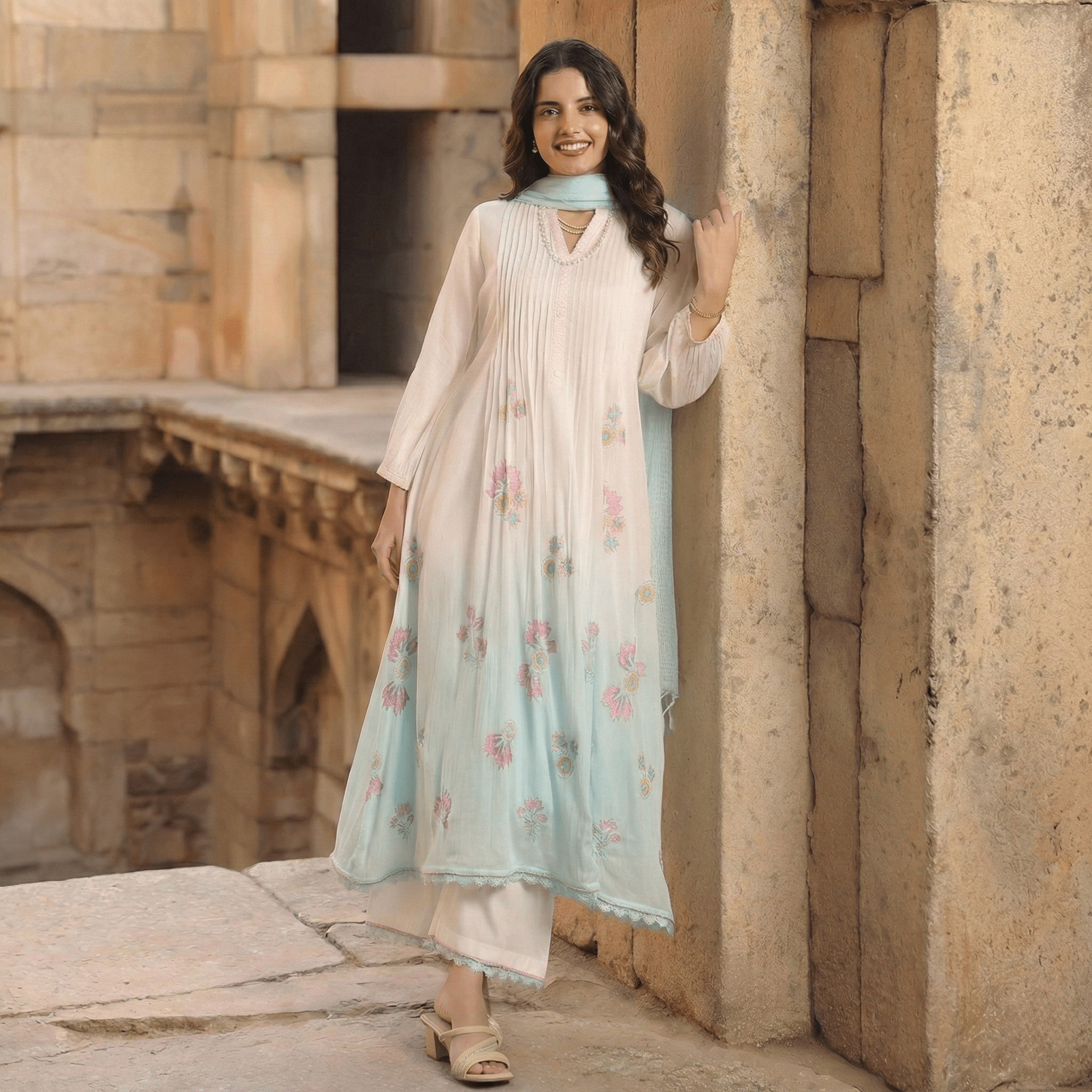 WHITE AND BLUE MULMUL A - LINE KURTA WITH PANT AND DUPATTA - Tevar Studio