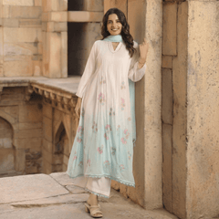 WHITE AND BLUE MULMUL A - LINE KURTA WITH PANT AND DUPATTA - Tevar Studio