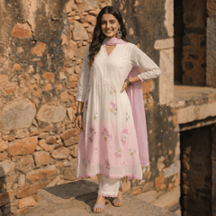 WHITE AND PINK MUL MUL A - LINE KURTA WITH PANT AND DUPATTA - Tevar Studio
