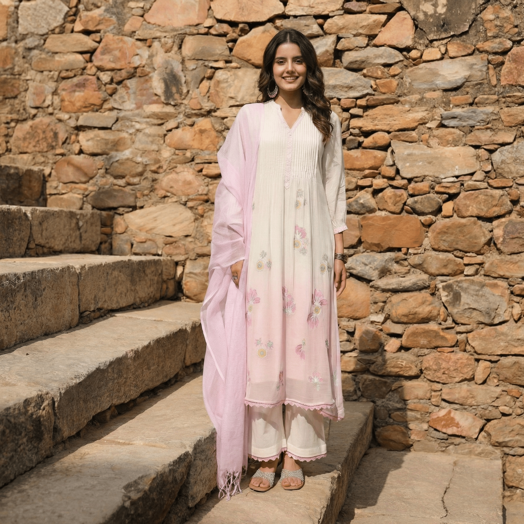 WHITE AND PINK MUL MUL A - LINE KURTA WITH PANT AND DUPATTA - Tevar Studio