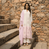 WHITE AND PINK MUL MUL A - LINE KURTA WITH PANT AND DUPATTA - Tevar Studio