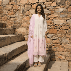 WHITE AND PINK MUL MUL A - LINE KURTA WITH PANT AND DUPATTA - Tevar Studio