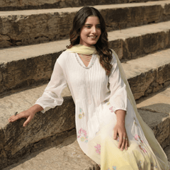 WHITE AND YELLOW MULMUL A - LINE KURTA WITH PANT AND DUPATTA - Tevar Studio