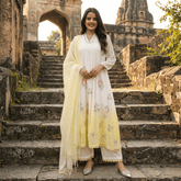 WHITE AND YELLOW MULMUL A - LINE KURTA WITH PANT AND DUPATTA - Tevar Studio