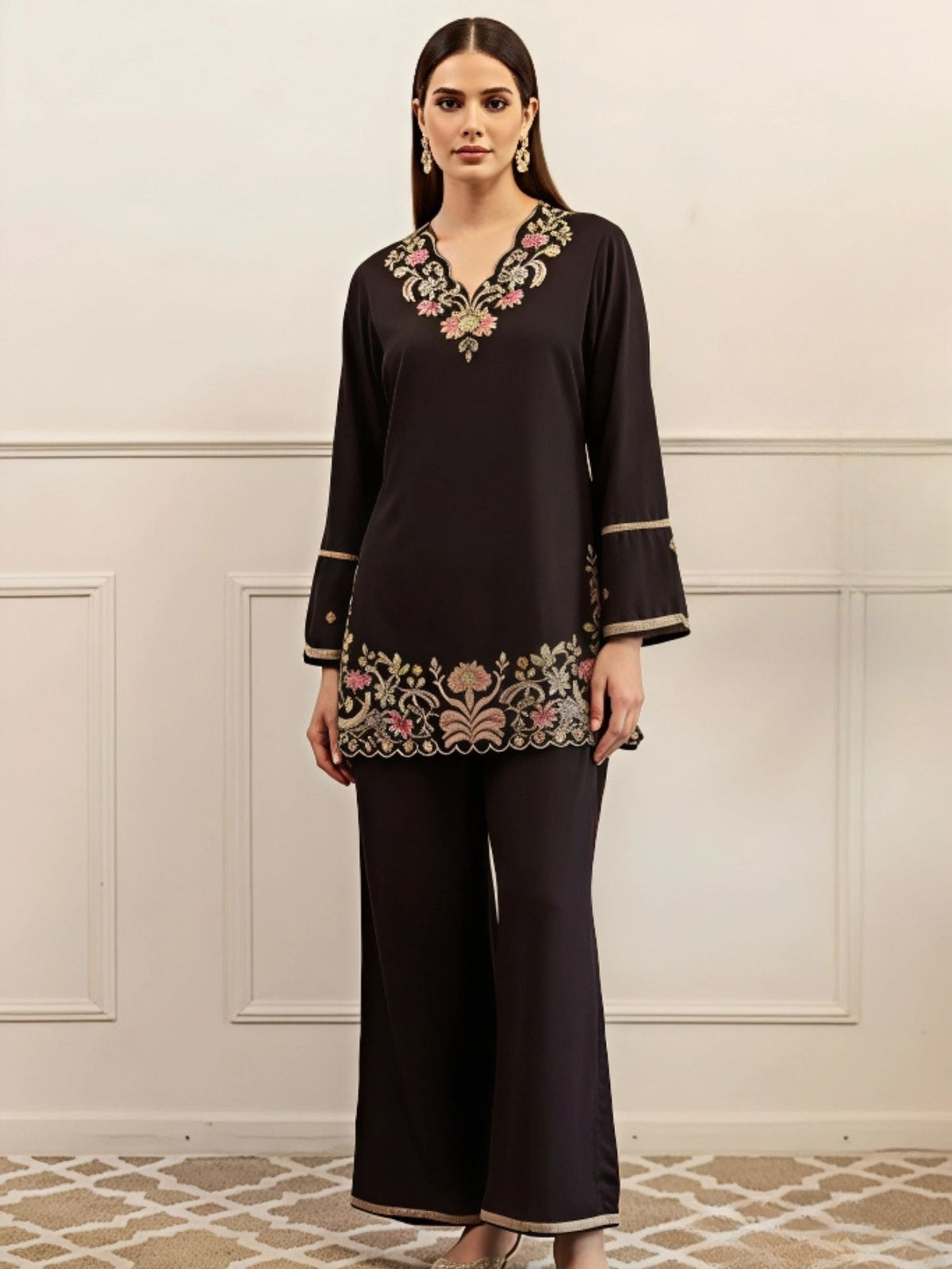 Embroidery V Neck Tunic With Trousers co-ord set