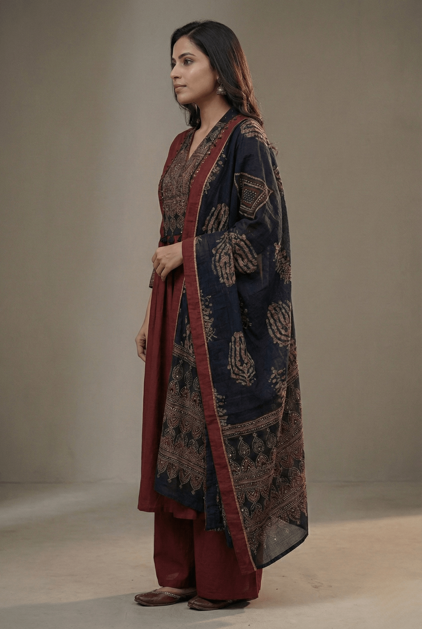 A - Line Hand Mirror Work Suit Set with Palazzo & Dupatta - Tevar Studio