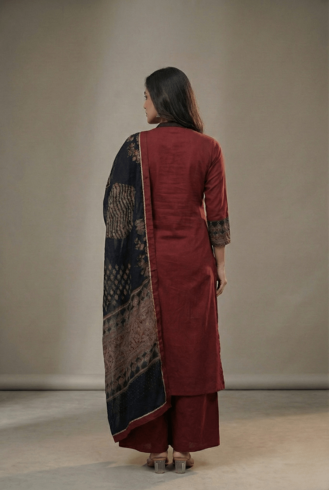 A - Line Hand Mirror Work Suit Set with Palazzo & Dupatta - Tevar Studio