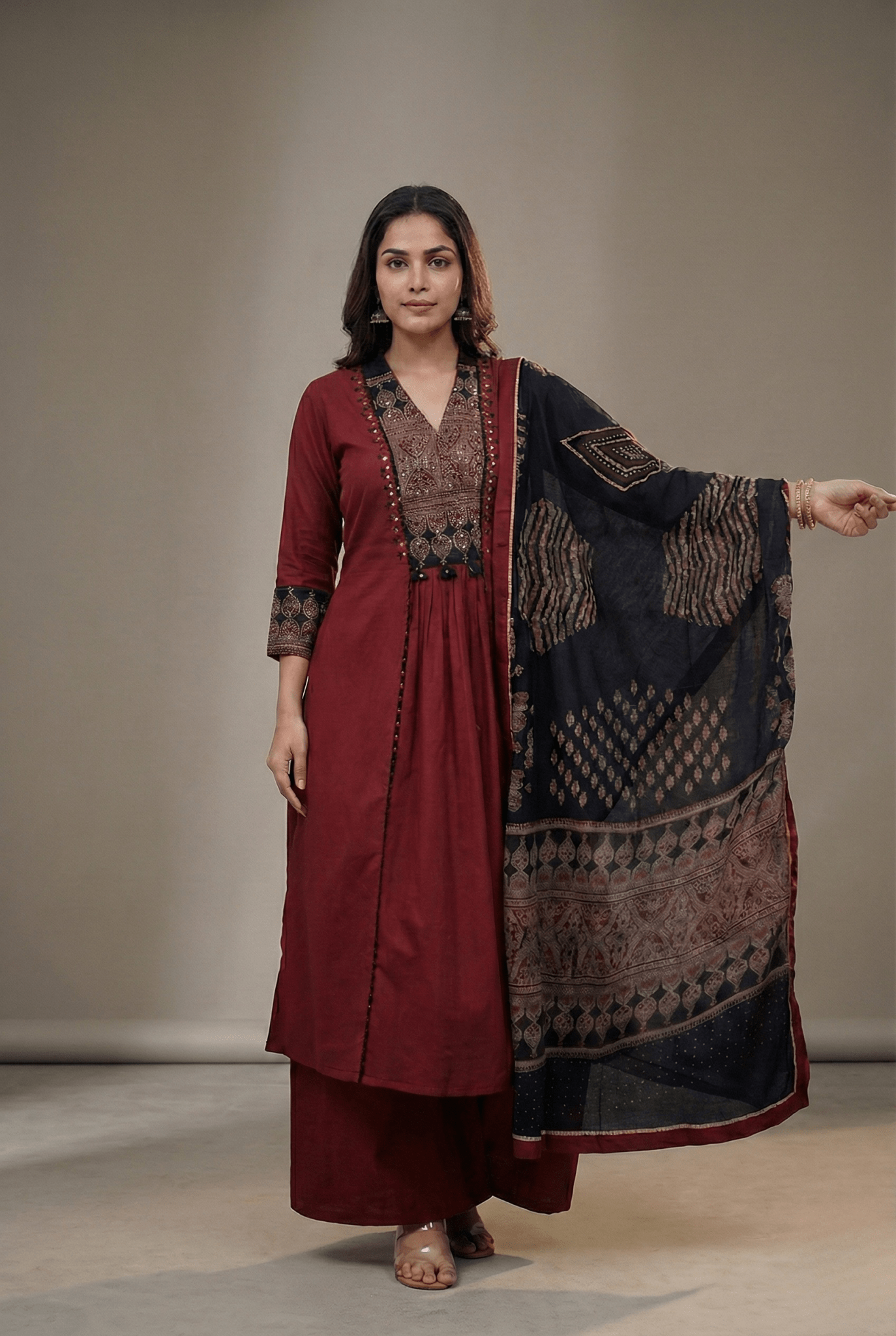 A - Line Hand Mirror Work Suit Set with Palazzo & Dupatta - Tevar Studio