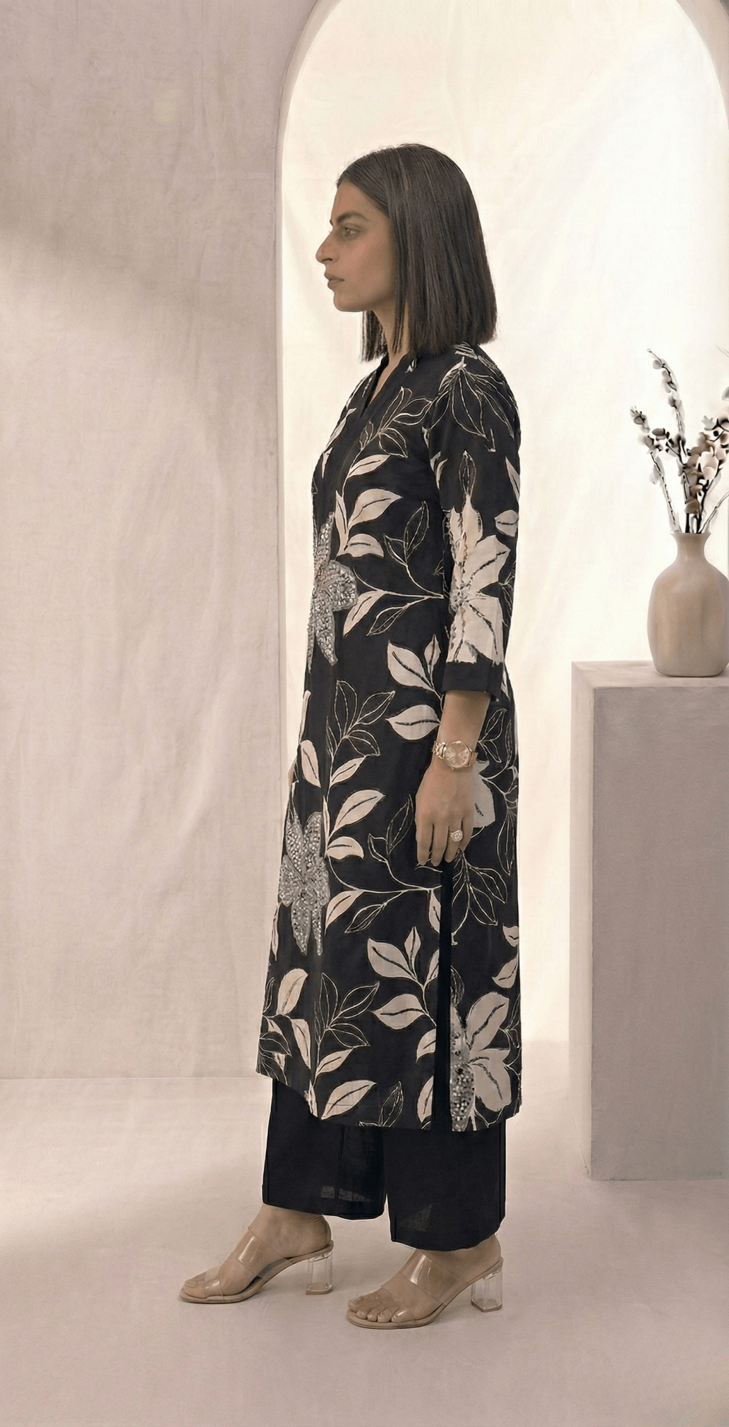 Floral Printed V - neckline Cotton Kurta Set - Tevar Studio