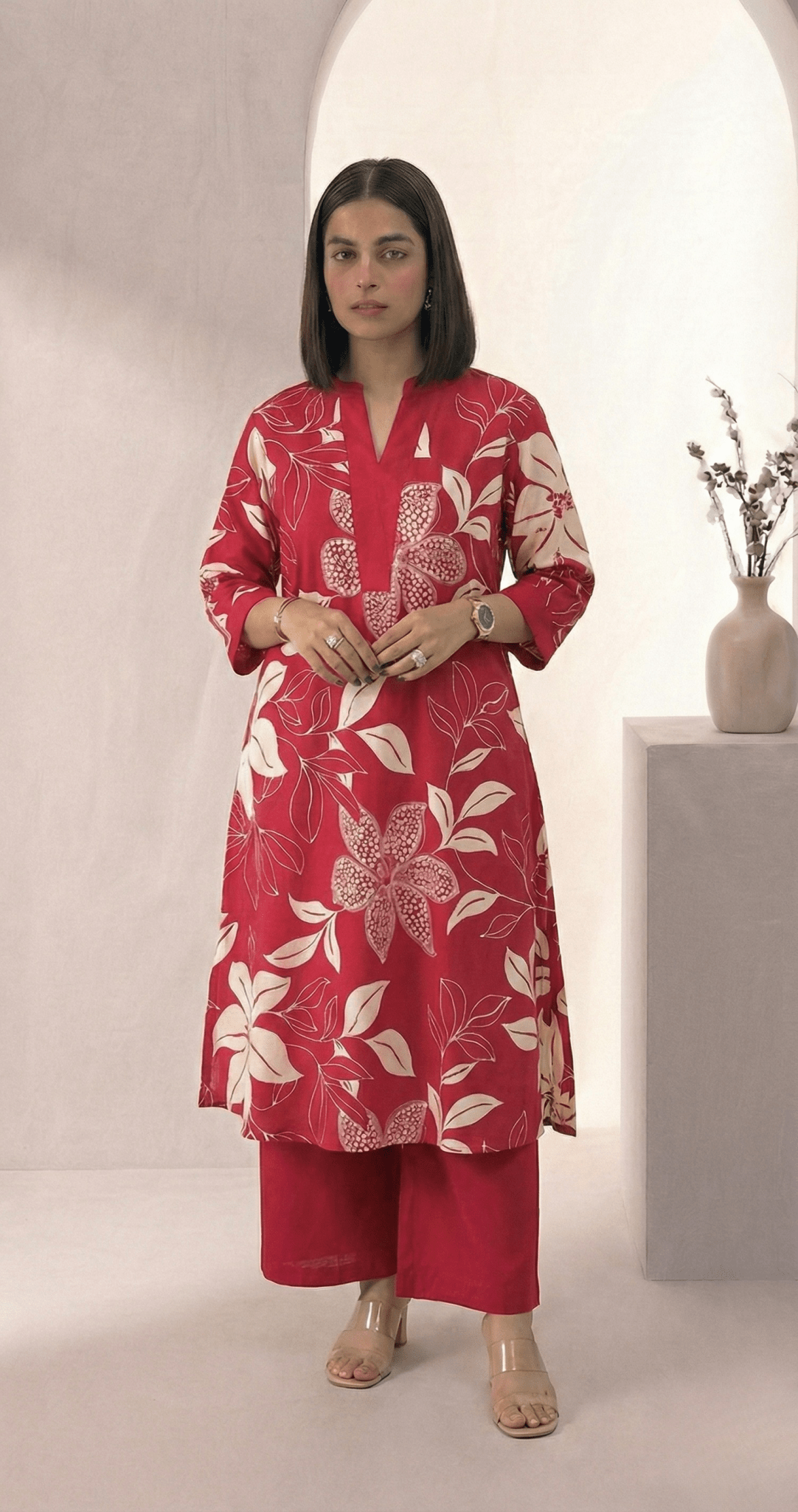 Floral Printed V - neckline Cotton Kurta Set - Tevar Studio