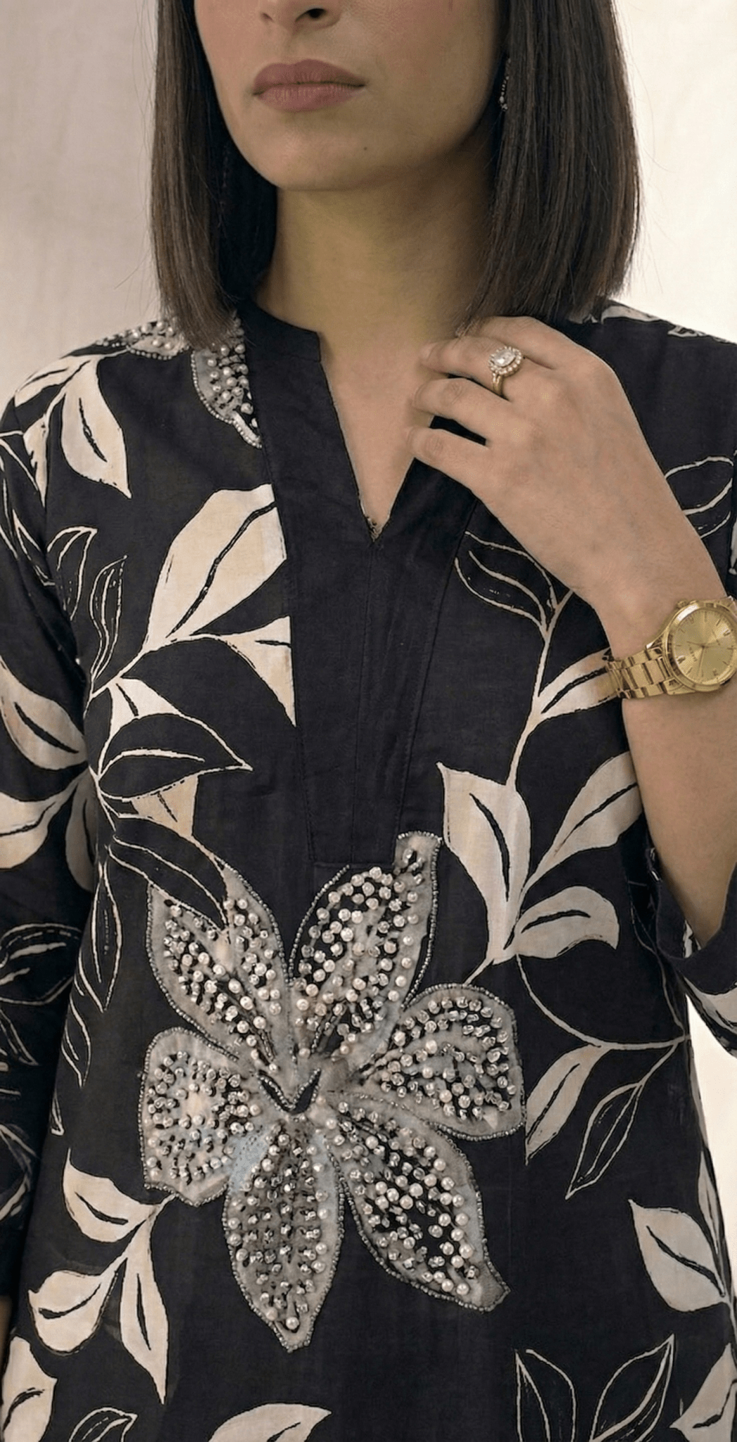 Floral Printed V - neckline Cotton Kurta Set - Tevar Studio