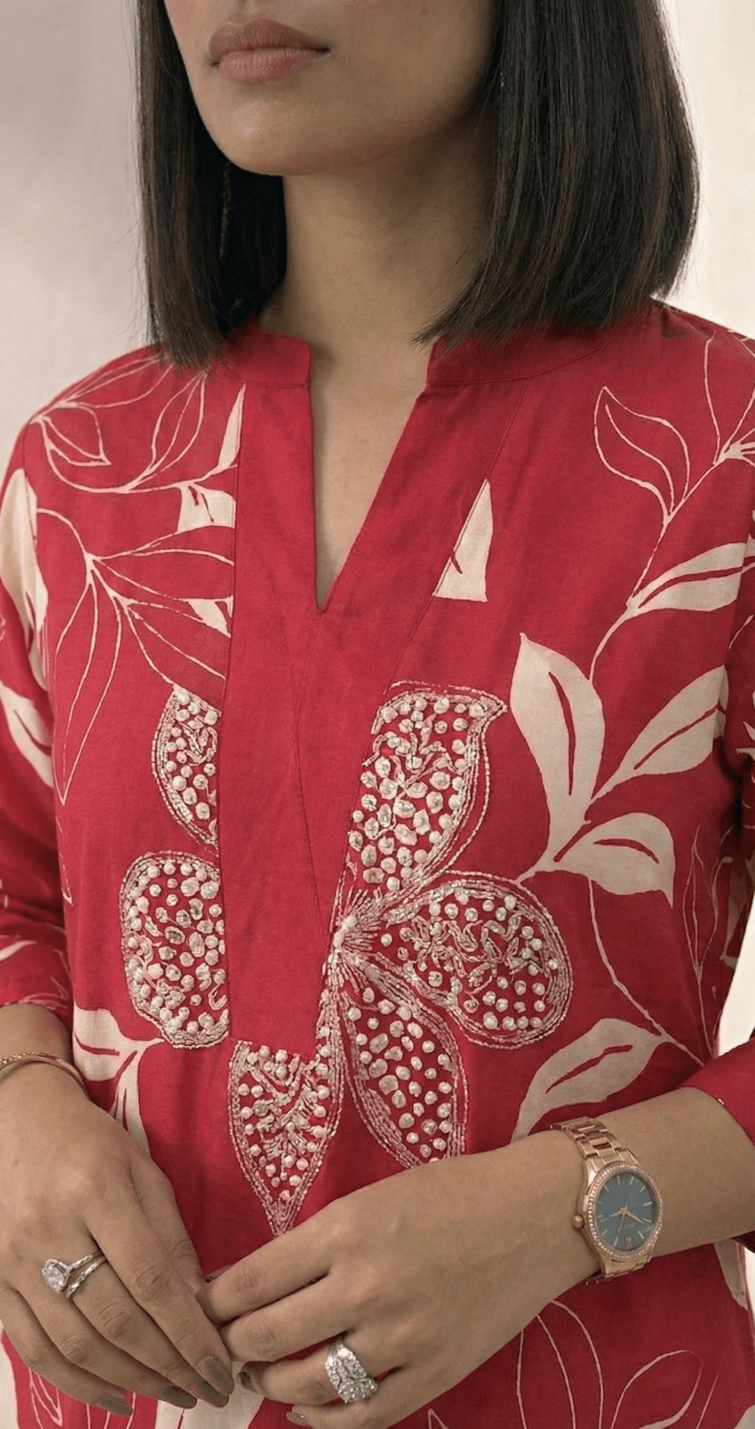Floral Printed V - neckline Cotton Kurta Set - Tevar Studio