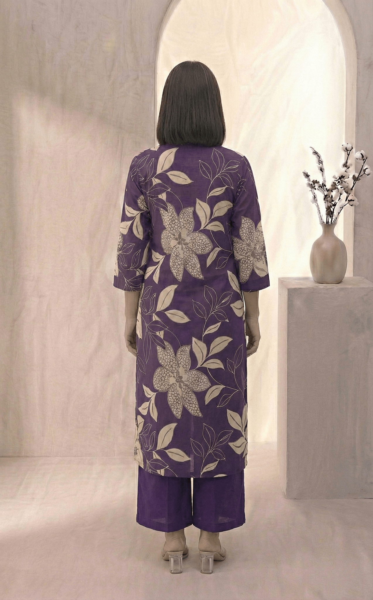 Floral Printed V - neckline Cotton Kurta Set - Tevar Studio