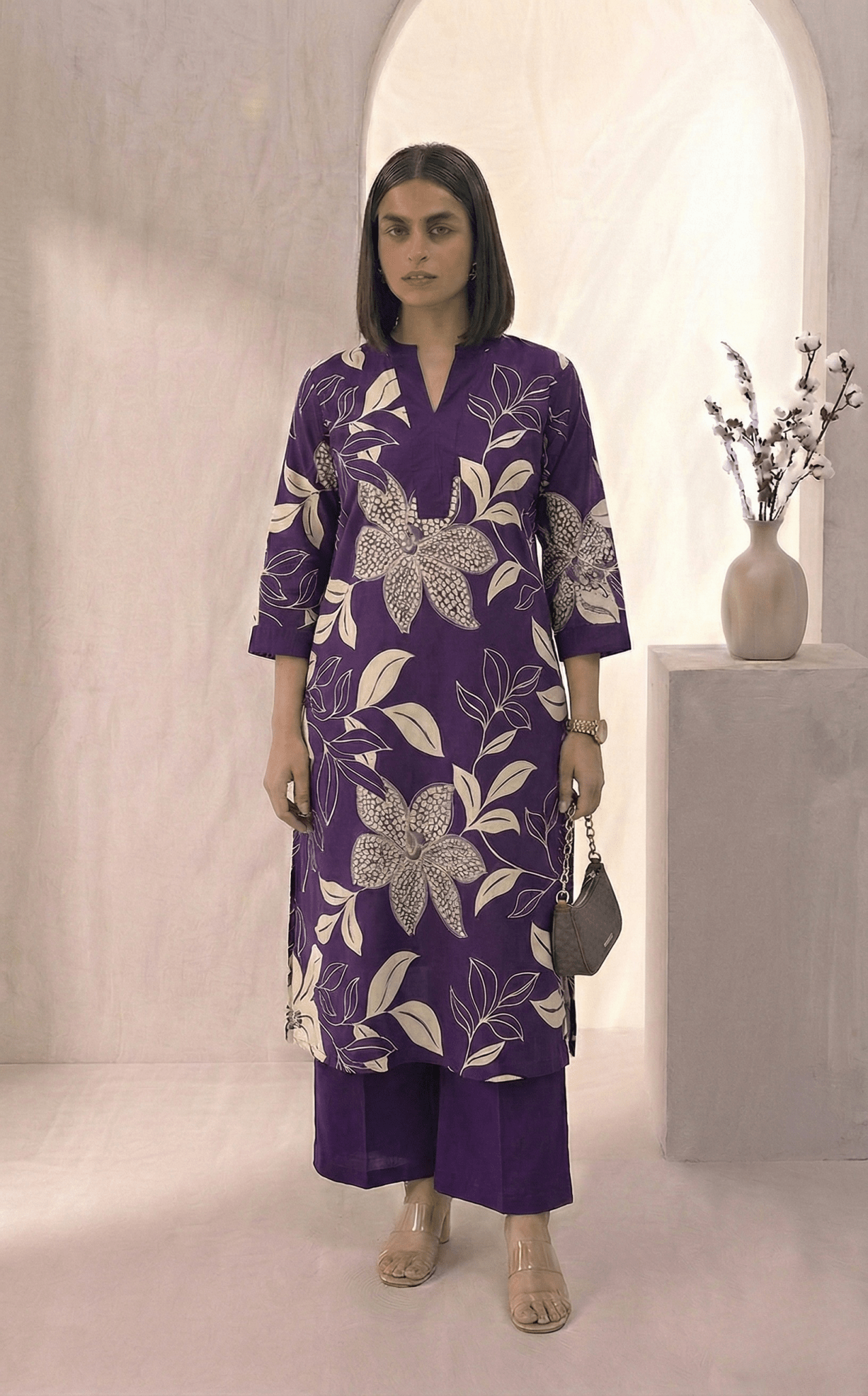 Floral Printed V - neckline Cotton Kurta Set - Tevar Studio