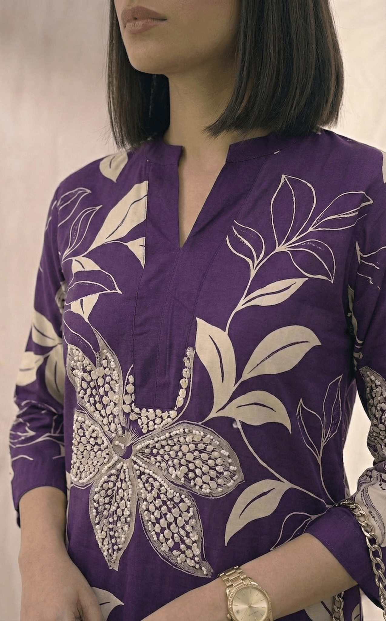 Floral Printed V - neckline Cotton Kurta Set - Tevar Studio