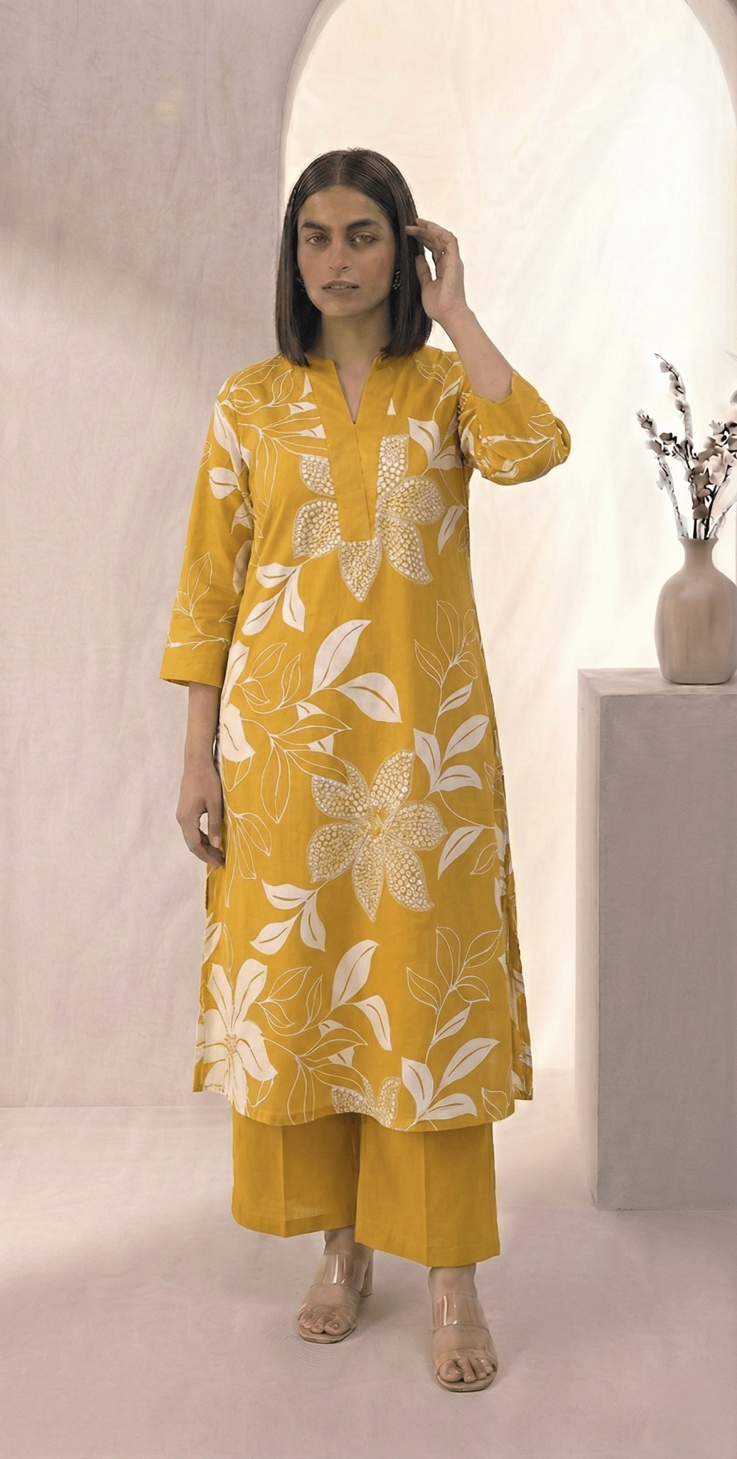 Floral Printed V - neckline Cotton Kurta Set - Tevar Studio