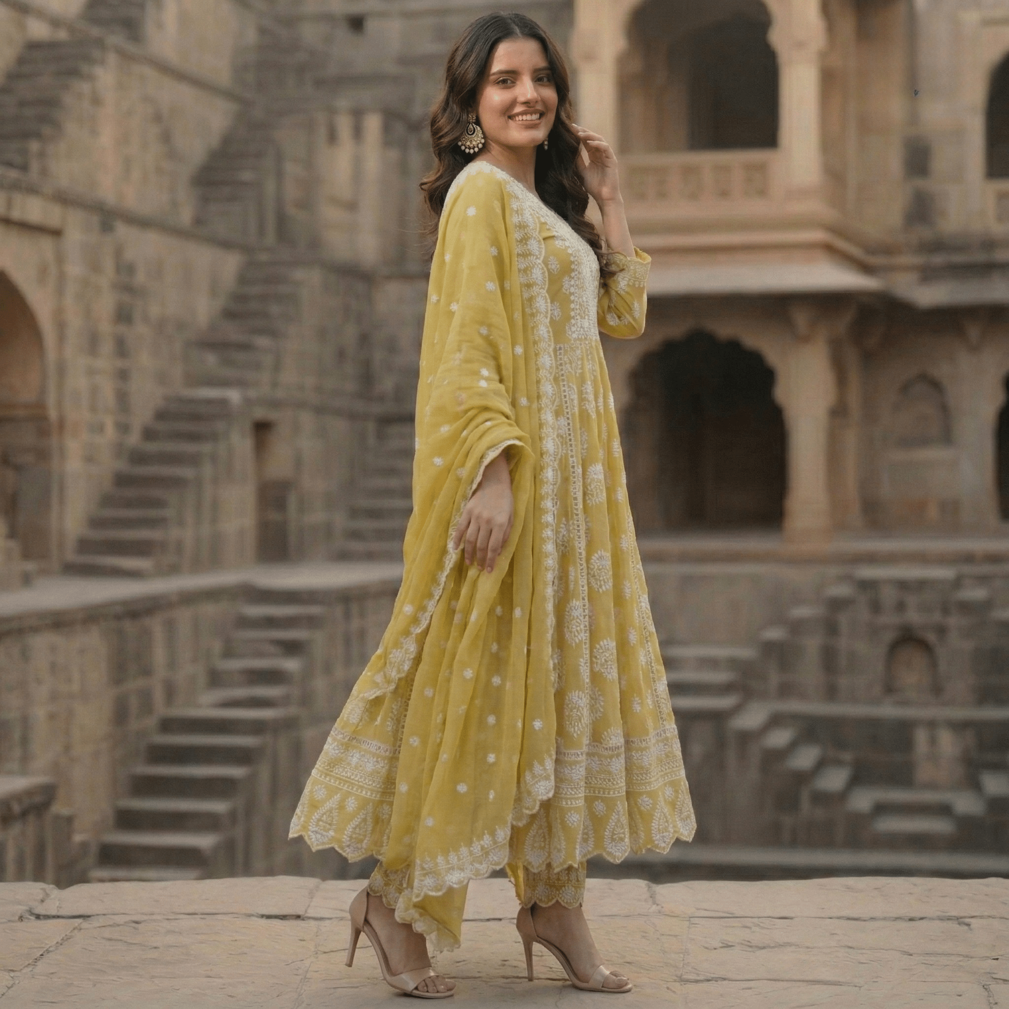 Mustard Green Pure Mulmul Cotton Chikankari Anarkali Suit Set - Tevar Studio