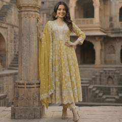 Mustard Green Pure Mulmul Cotton Chikankari Anarkali Suit Set - Tevar Studio