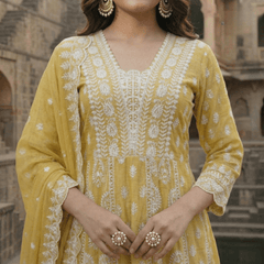 Mustard Green Pure Mulmul Cotton Chikankari Anarkali Suit Set - Tevar Studio