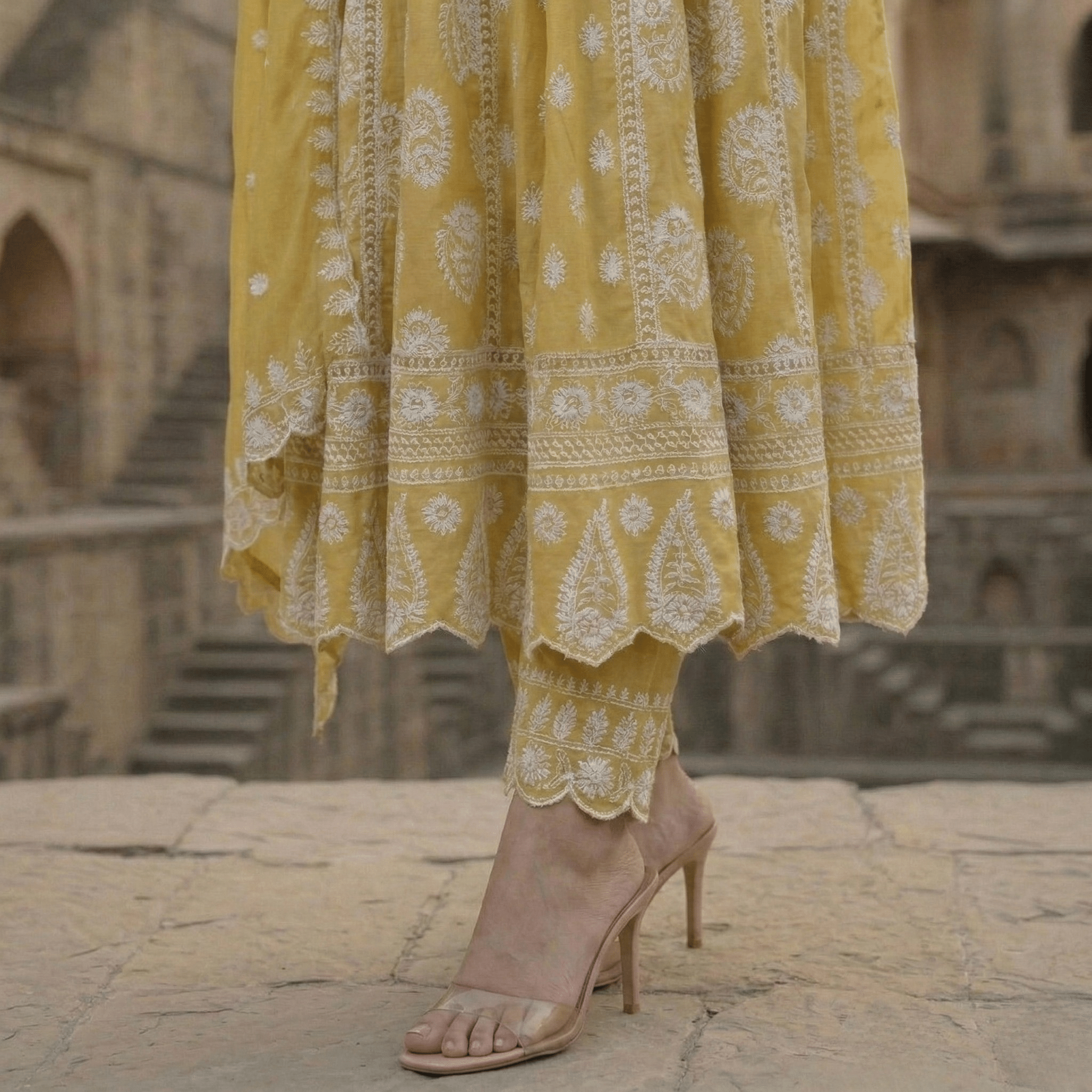 Mustard Green Pure Mulmul Cotton Chikankari Anarkali Suit Set - Tevar Studio