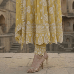 Mustard Green Pure Mulmul Cotton Chikankari Anarkali Suit Set - Tevar Studio