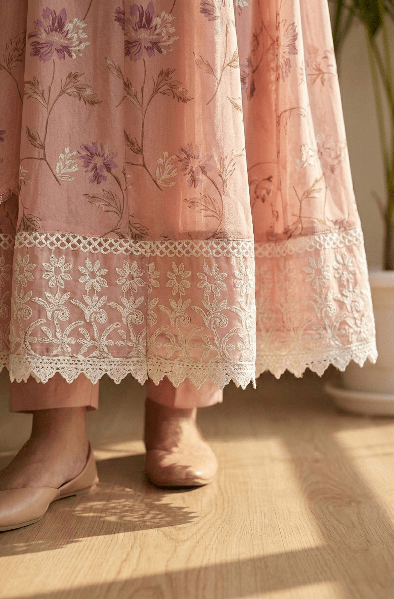 Peach Pure Mul Cotton Digital Printed Chikan Work Anarkali Suit Set - Tevar Studio