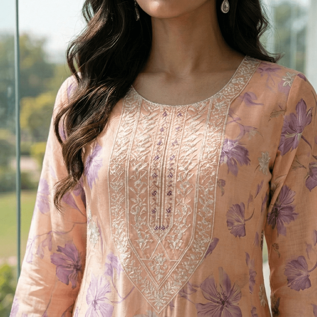 Peach Pure Mul Cotton Digital Printed Chikan Work Anarkali Suit Set - Tevar Studio