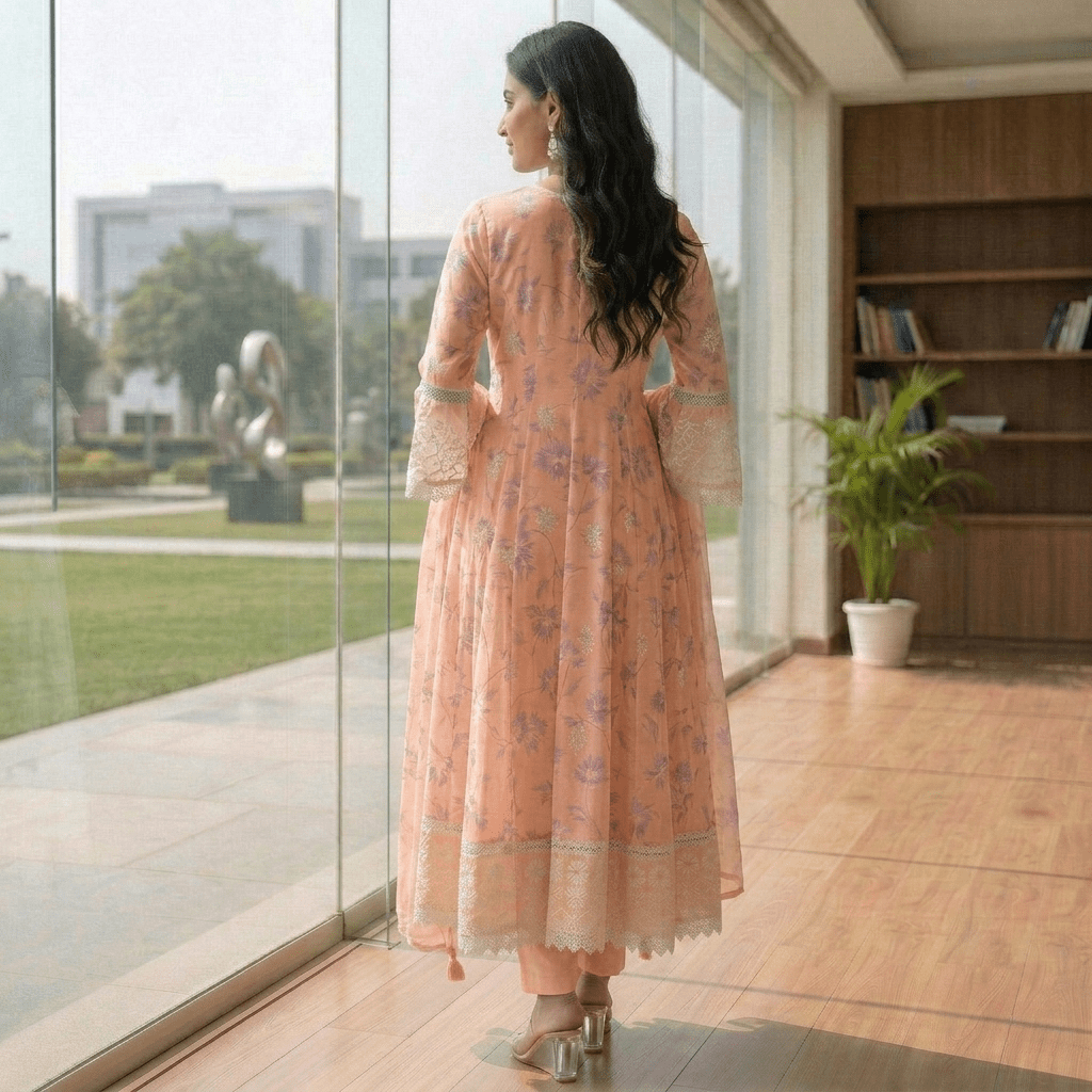 Peach Pure Mul Cotton Digital Printed Chikan Work Anarkali Suit Set - Tevar Studio