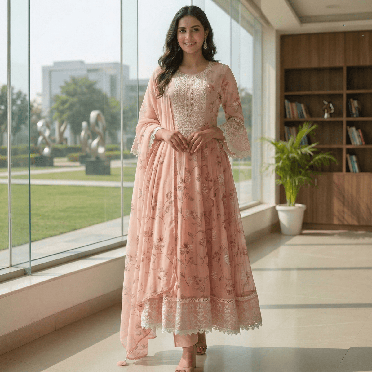 Peach Pure Mul Cotton Digital Printed Chikan Work Anarkali Suit Set - Tevar Studio