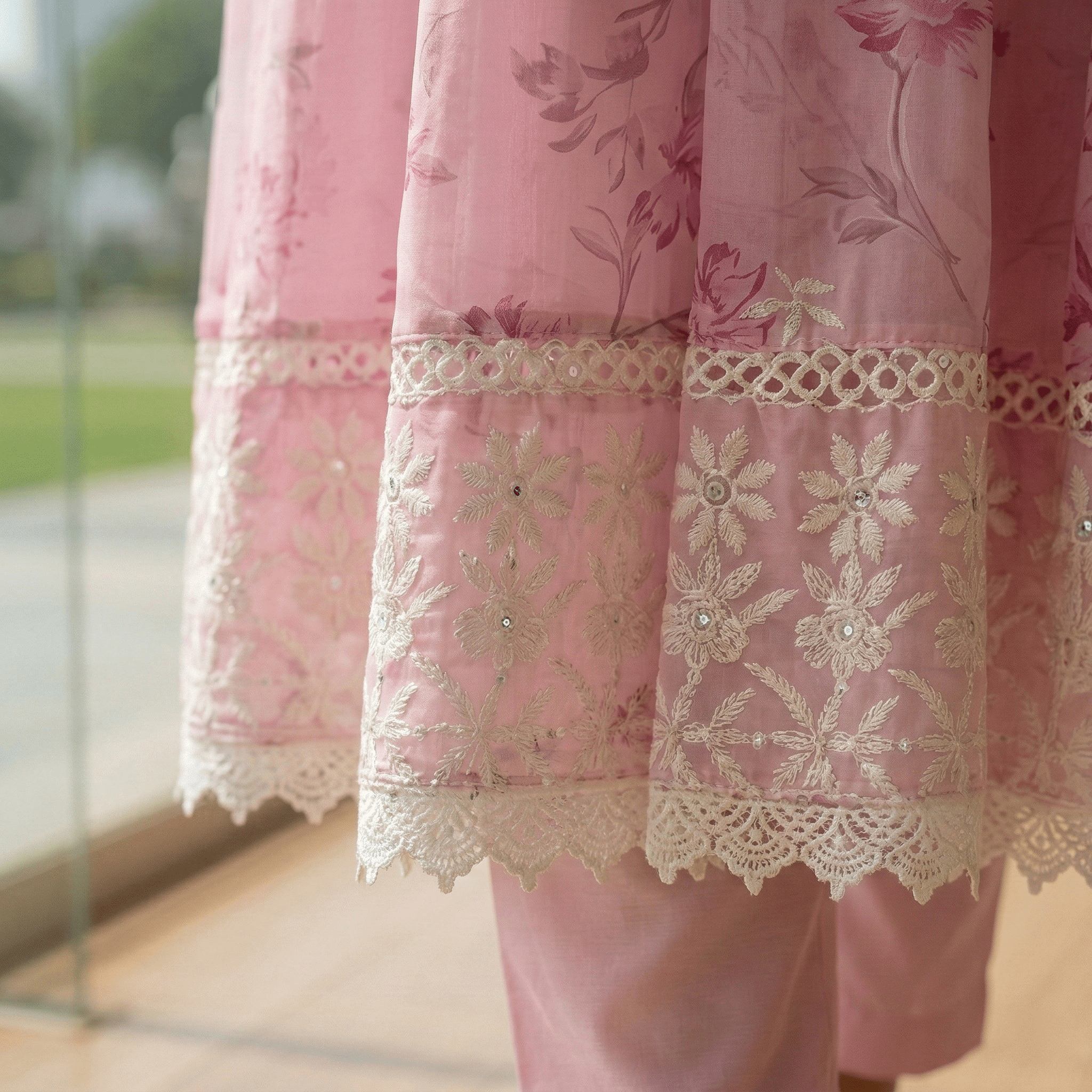 Pink Pure Mul Cotton Digital Printed Chikan Work Anarkali Suit Set - Tevar Studio