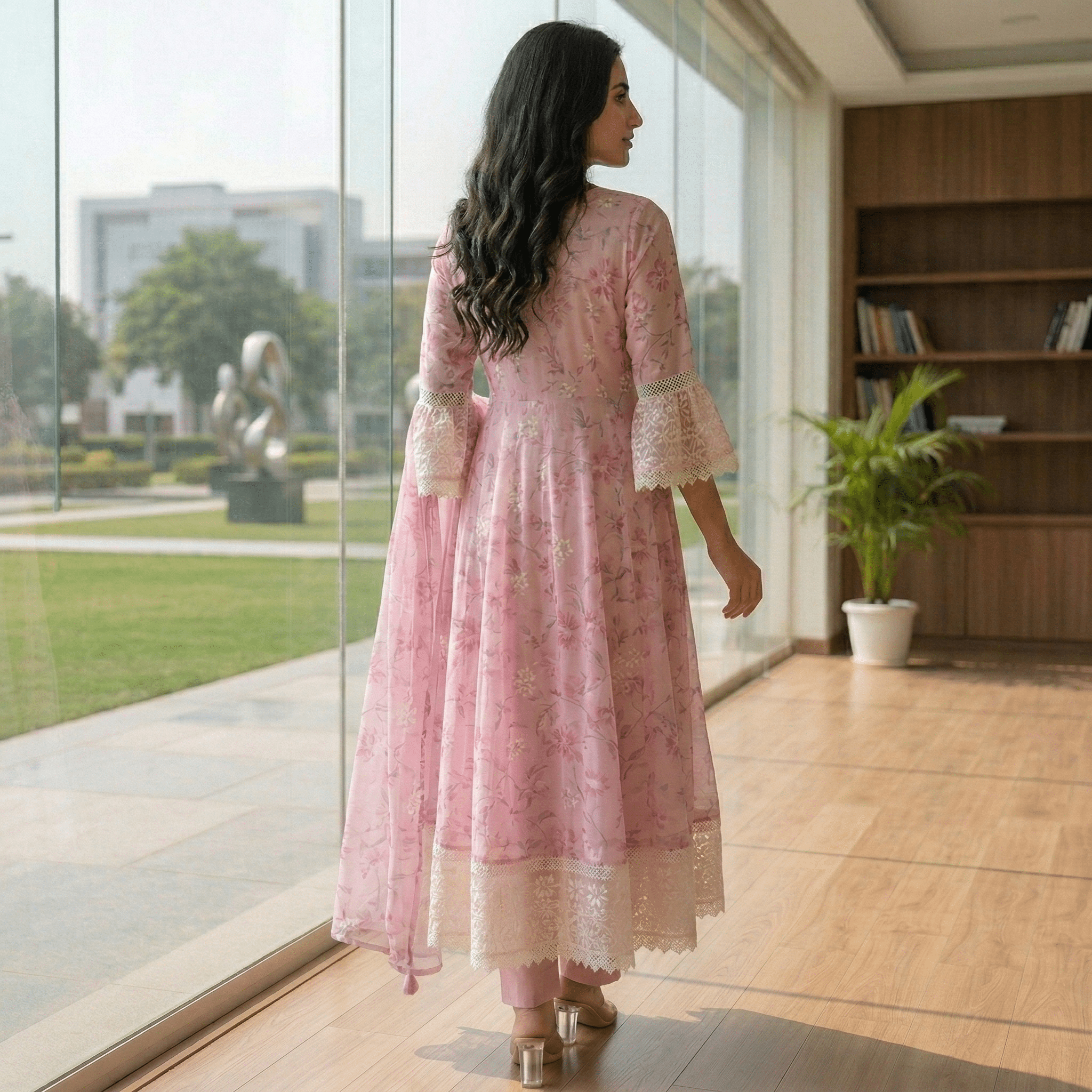 Pink Pure Mul Cotton Digital Printed Chikan Work Anarkali Suit Set - Tevar Studio
