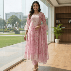 Pink Pure Mul Cotton Digital Printed Chikan Work Anarkali Suit Set - Tevar Studio