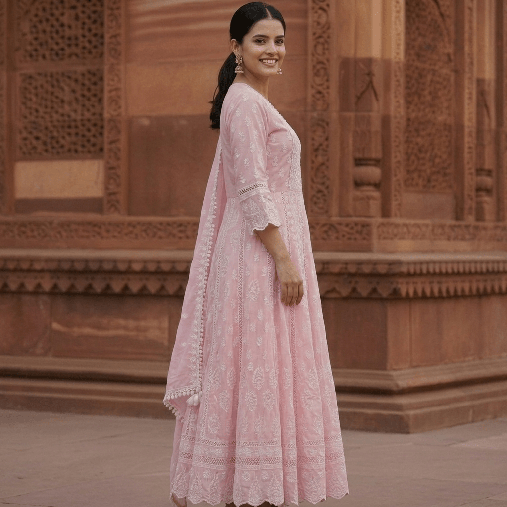 Pink Pure Mulmul Cotton Chikankari Anarkali Suit Set - Tevar Studio
