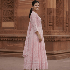 Pink Pure Mulmul Cotton Chikankari Anarkali Suit Set - Tevar Studio