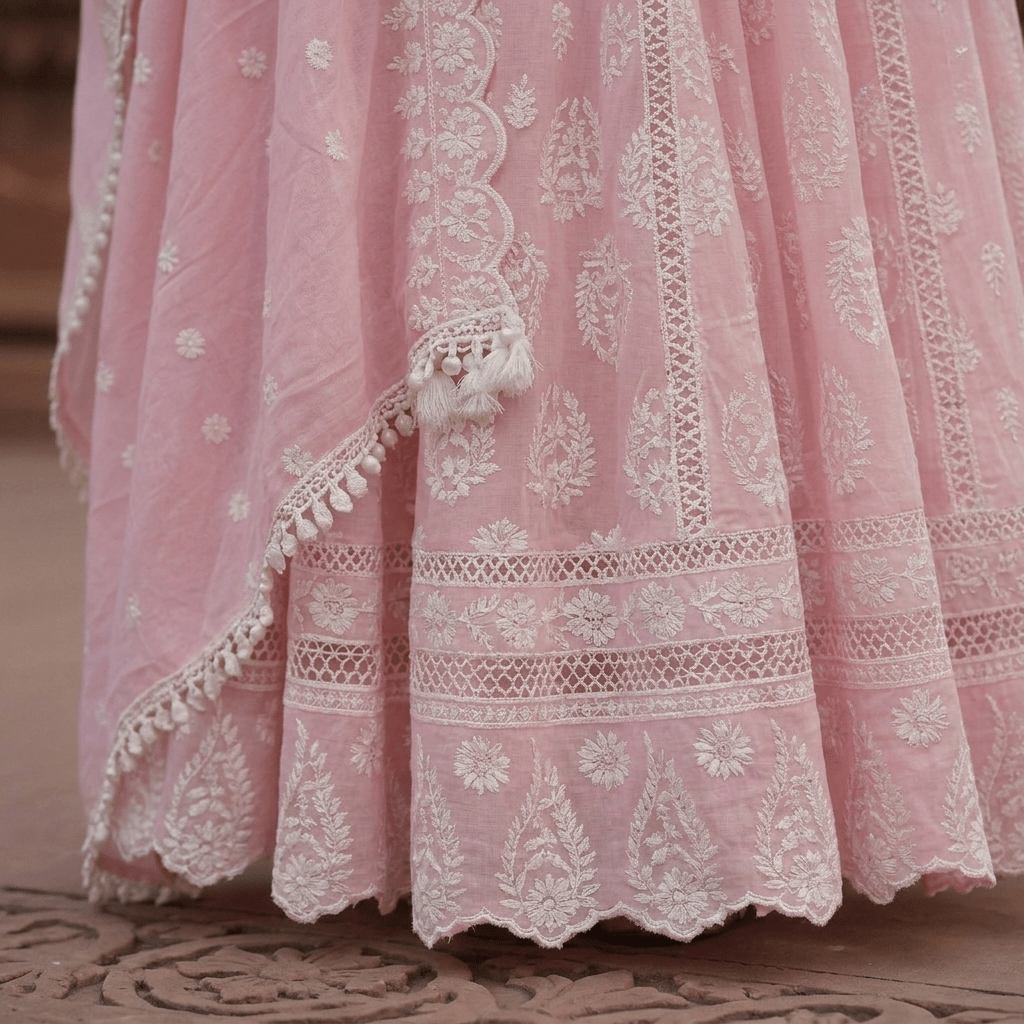 Pink Pure Mulmul Cotton Chikankari Anarkali Suit Set - Tevar Studio