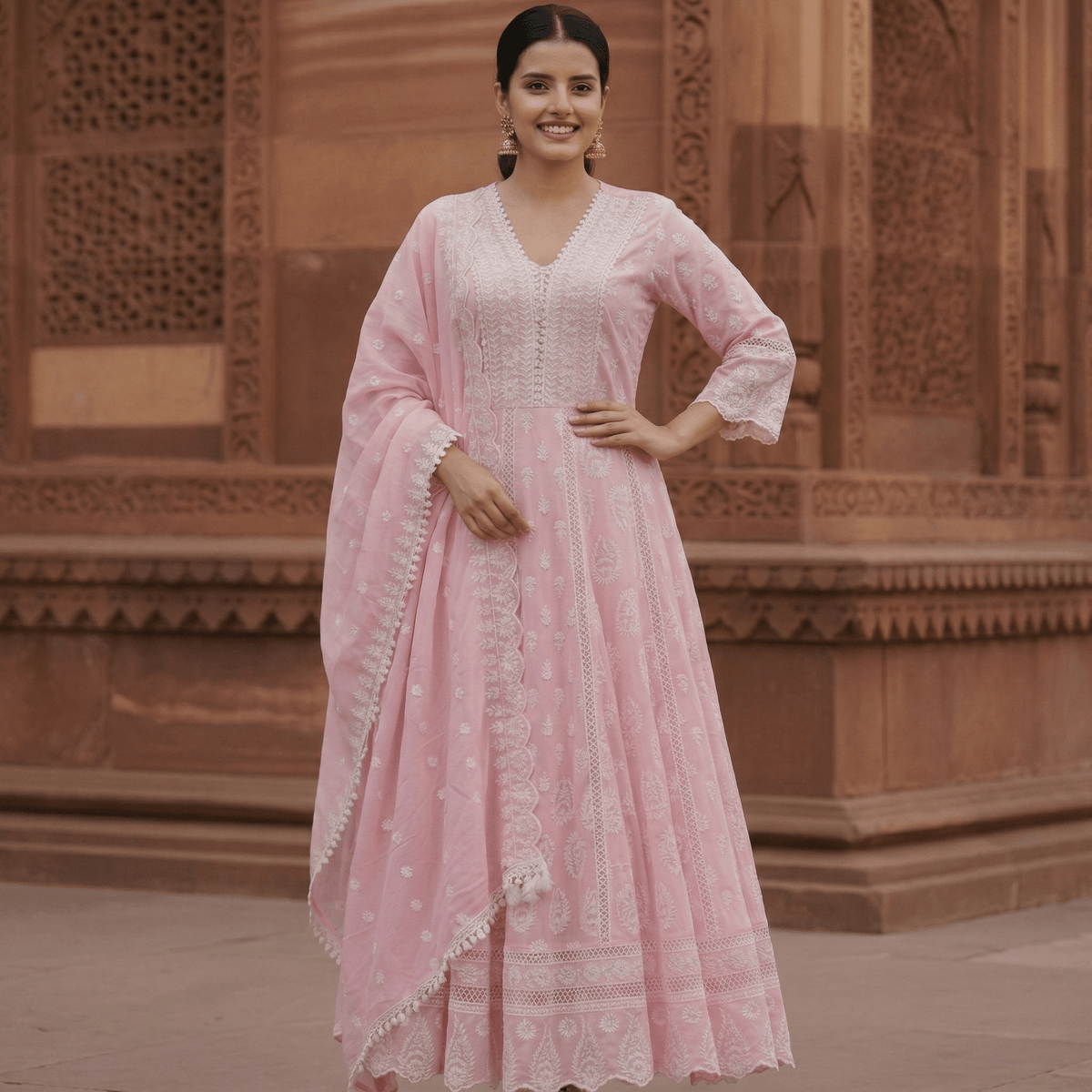 Pink Pure Mulmul Cotton Chikankari Anarkali Suit Set - Tevar Studio