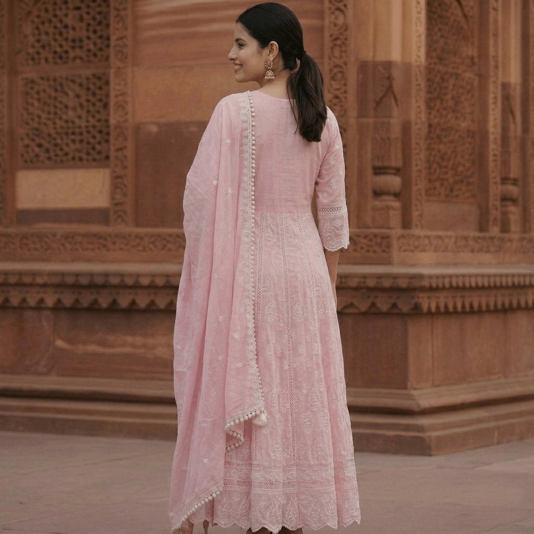 Pink Pure Mulmul Cotton Chikankari Anarkali Suit Set - Tevar Studio